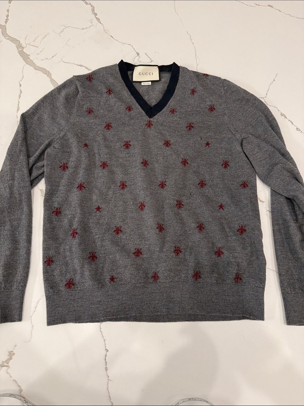 Gucci Gray V-Neck Sweater with Red Insect (See Photos)